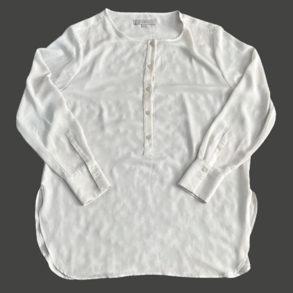 LOFT Women’s Cream Long-Sleeve Half Botton-Down Blouse with Button Cuffs -Size L